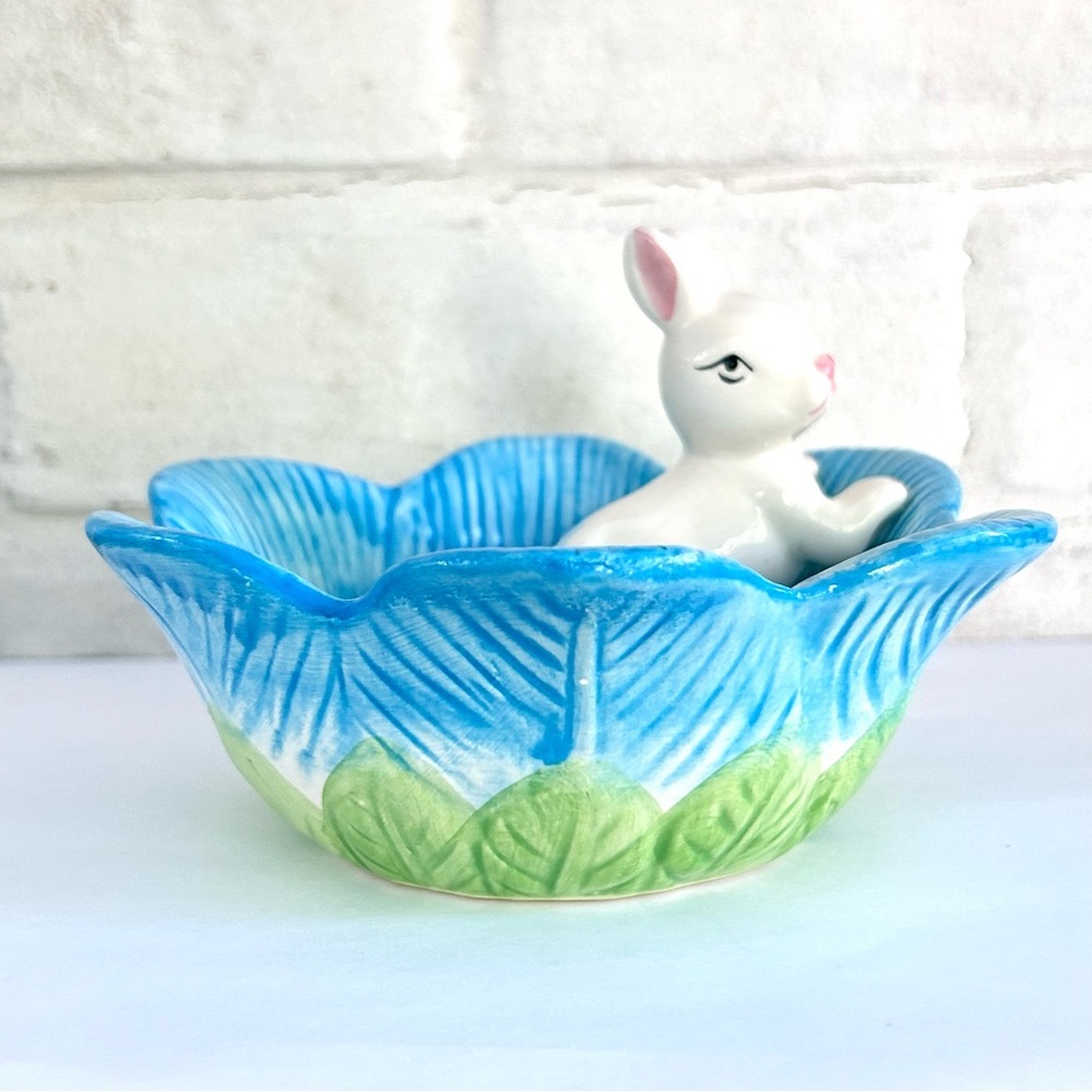 Vintage Easter Ceramic Candy Dish Flower Dish with Cutest Bunny Inside